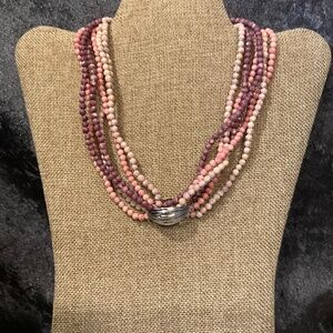 Vintage Purple, Pink and Cream Beaded Strand Necklace with Clip